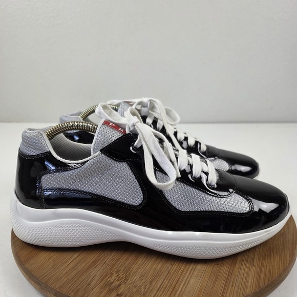 Prada Shoes Mens Size 8 Black Gray Patent Leather Low Top Sneakers Italy - Picture 8 of 16